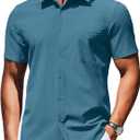 COOFANDY Mens Wrinkle Free Shirts 2025 Short Sleeve Casual Button Down Summer Dress Shirts (Large, Deep Blue)