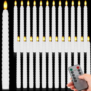 Kittmip 24 Pcs Christmas Flameless LED Taper Candles with Remote, Fake Candle Sticks Twisted Flickering Light, Electric Handheld Candlesticks for Church Wedding Party Decorations(White)