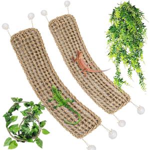 Tfwadmx 2Pcs Large Bearded Dragon Hammock,Lizard Lounger Natural Seagrass Fiber Hammocks,Reptile Hammock Climbing Habitat Tank Accessories with Flexible Vines Leaves Decor for Geckos Snakes Chameleon