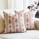 Amor Virisso Floral Throw Pillow Covers 18x18 Set of 2 Block Print Pillow Covers Neutral Floral Striped Farmhouse Decorative Pillow Covers for Sofa Couch Bed, Red