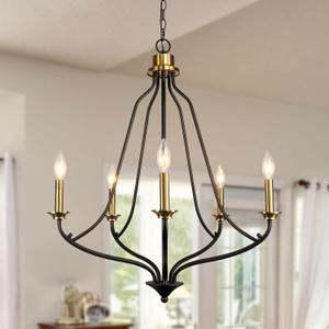 Matt Black & Brass Chandelier 5-Light, 25" Brushed Gold Modern Farmhouse Pendant Lighting for Kitchen Island, Dining Living Room, Large