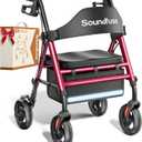 SOUNDFUSE Walkers for Seniors, Rollator Walker with Seat, 8" All Terrain Wheels, Double Support Bar, 16" Ergonomic Arc Seat and Comfortable Backrest, Dual Height Adjustable and Foldable Design (Rose Red)