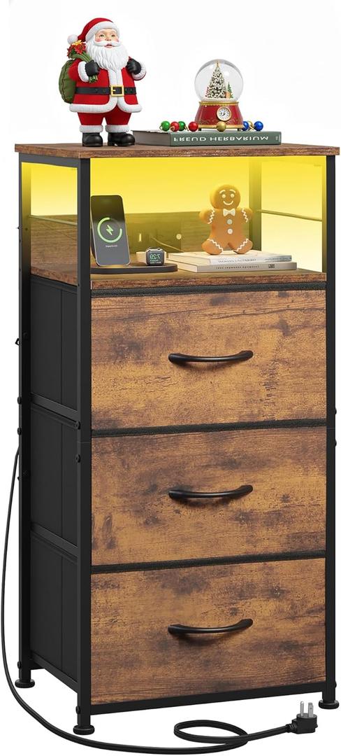 WLIVE Nightstand with Charging Station, 31.9" H Nightstand with 3 Fabric Drawers, LED Bedside Table with USB Ports and Outlets, End Table for Dorm, Bedroom, Entryway, Rustic Brown (Rustic Brown Wood Grain Print)