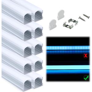 Muzata 10Pack 6.6FT/2M Excellent Spotless LED Channel with Thicker Milky White Cover No Hot Spots Sliver Deeper LED Strip Diffuser Channel U108 WW 2M