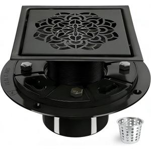 6 Inch Shower Drain, Square Shower Floor Drain Kit with Flange and Removable Cover Grate, AISI 304 Stainless Steel, Matte Black