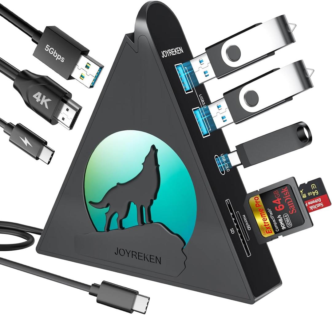 JoyReken Vertical USB C Hub, 8-in-1 MacBook Adapter with 4K, PD100W Pass-Through Charging, 5Gbps 3xUSB-A, USB-C 3.0, SD/TF Card Reader, RGB Wolf Type-C Hub Tower for MacBook, iPad, iPhone17, etc.