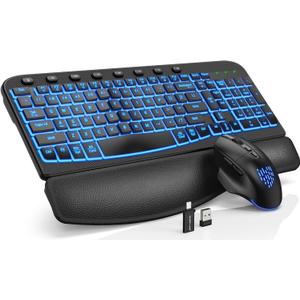 SABLUTE Wireless Keyboard and Mouse Combo Ergonomic - MA12Pro Wave Keyboard with Leather Wrist Rest for Comfortable Typing, RGB Backlit Rechargeable for Windows, Mac, PC, Laptop (Black)