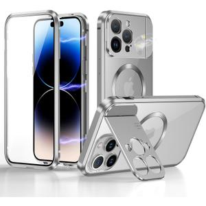 Case for iPhone 14 Pro Max with Camera Invisible Stand [Compatible with MagSafe] 360 Degree Protection Magnetic Absorption Metal Bumper Front Glass and Back PC Cover (Silver)