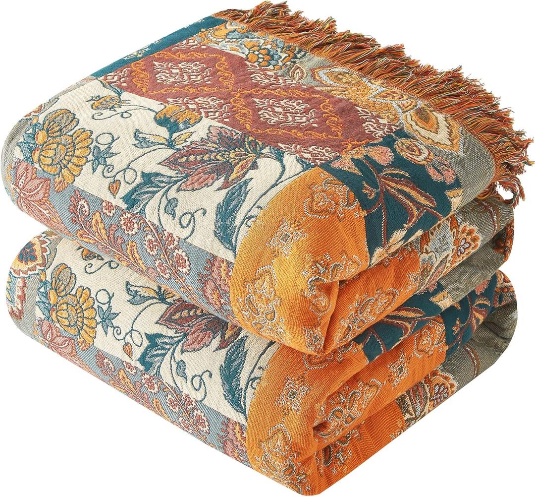 Bailix Boho Throw Blanket for Couch Sofa Bed, 100% Cotton Woven Quilt with Tassel 60x80, Super Soft Muslin Blanket with Floral Printed, Decorative Reversible Bed Blanket/Cover for All Seasons