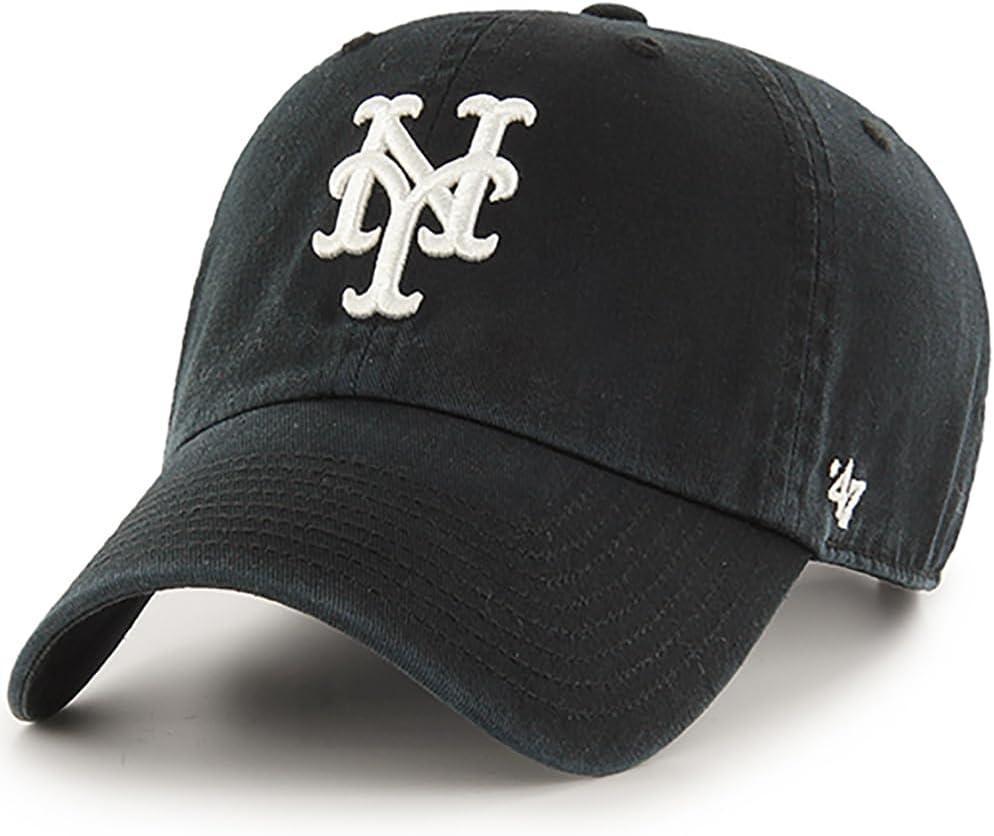 47 Brand MLB Black White Primary Logo Clean Up Adjustable Baseball Cap Hat, Adult One Size Fits All (New York Mets)