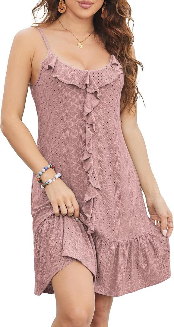 Swimsuit Coverup for Women Summer Dress Spaghetti Strap Dresses Eyelet Sundresses Causal Beach Vacation Clothes (Pink, S)