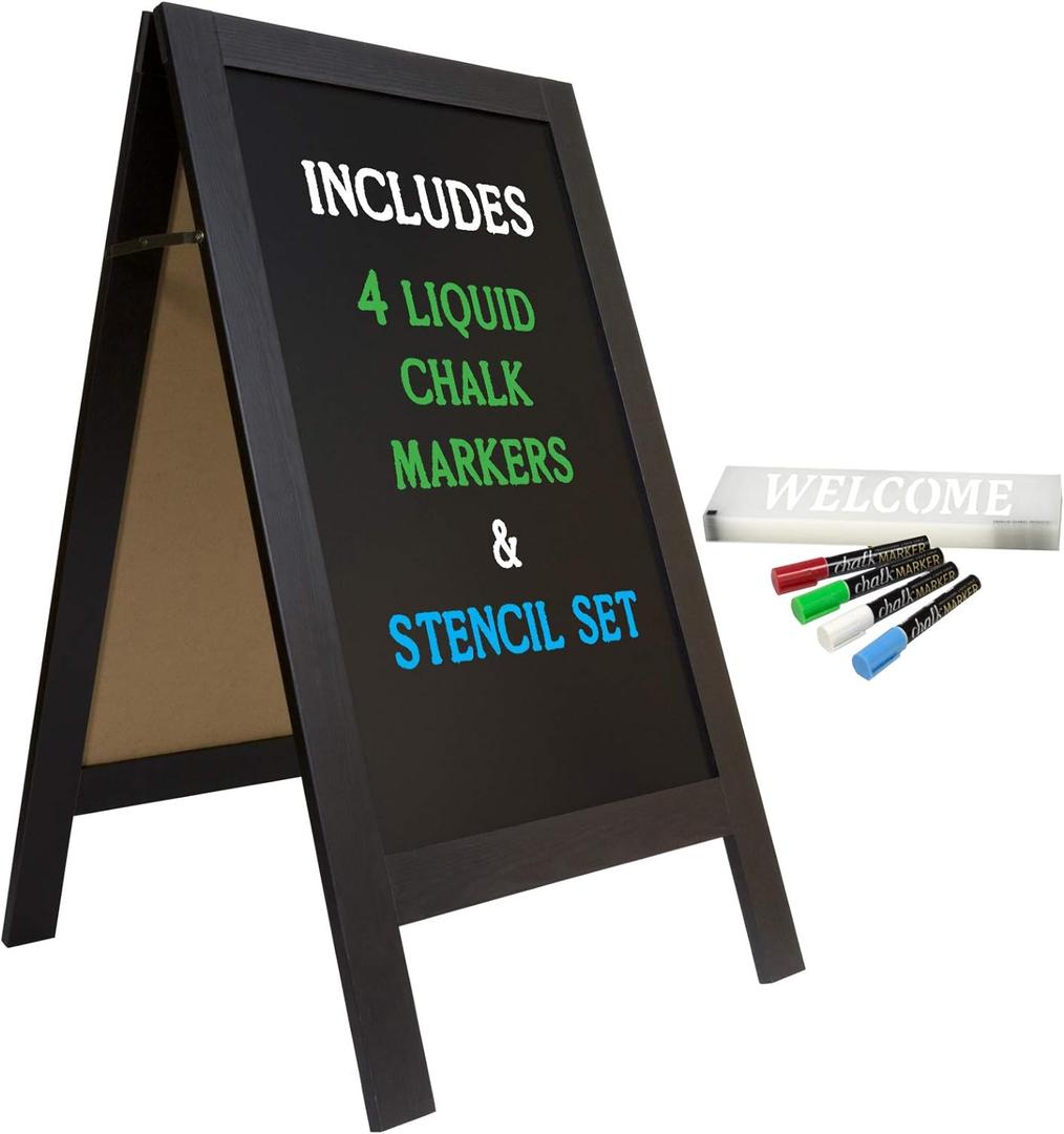 Large Sturdy Handcrafted 40" x 20" Wooden A-Frame Chalkboard Display / 4 Liquid Chalk Markers & Stencil Set/Sidewalk Chalkboard Sign Sandwich Board/Chalk Board Standing Sign (Black)