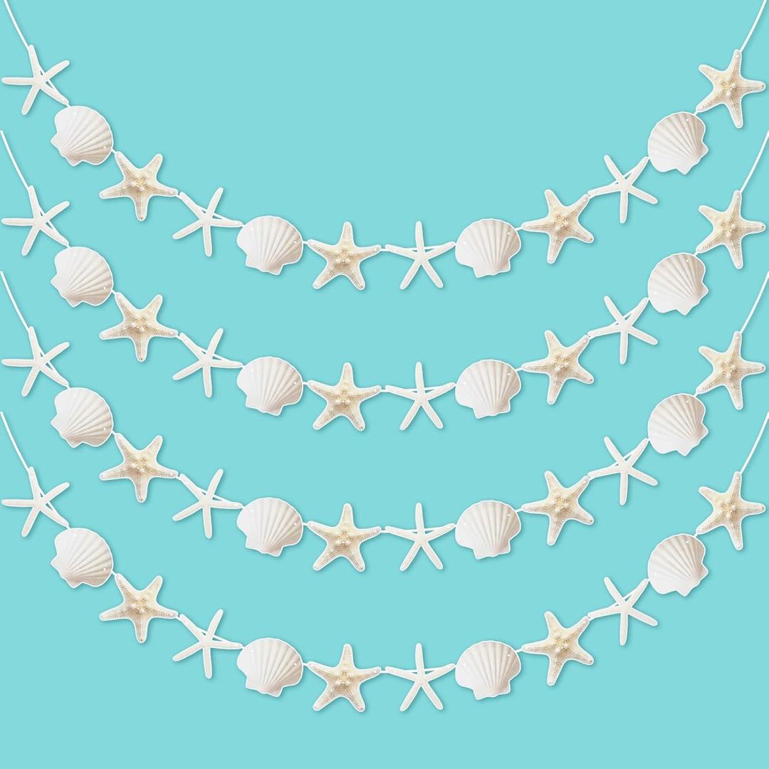Newwiee 4 Pack 40ft Starfish Seashell Garland Ocean Coastal Nautical Party Decoration White Finger Starfish Sea Shell Cutouts Hanging Bunting Banner Under The Sea Mermaid Wish Birthday Beach Decor