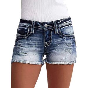 Flamingals Jean Shorts for Women Mid Waisted Stretchy Ripped Denim Shorts Raw Hem Curvy Summer Trendy (Blue, L)