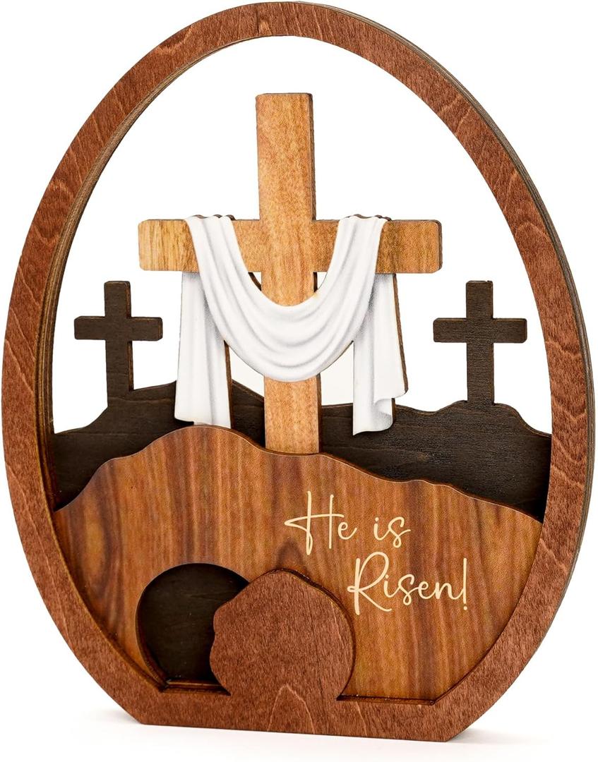 Easter Decoration Jesus Resurrected Tomb, He is Risen Easter Decor, Wood Christian Resurrection Scene Table Decorations, Catholic Cross Jesus Religious Easter Gifts, Gifts for Church, Shelf, Desk