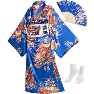 Japanese Anime Women's Kimono Robe Geisha Yukata Sweet Dress Blossom Satin Bathrobe Sleepwear Fans Tabi Socks Set (Blue)