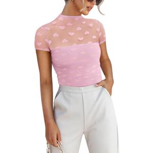 REORIA Women's Sexy Mock Turtle Neck Short Sleeve Shirts Sheer Mesh Ruched Trendy Going Out Bodysuits Tops (Medium, Pink Heart)