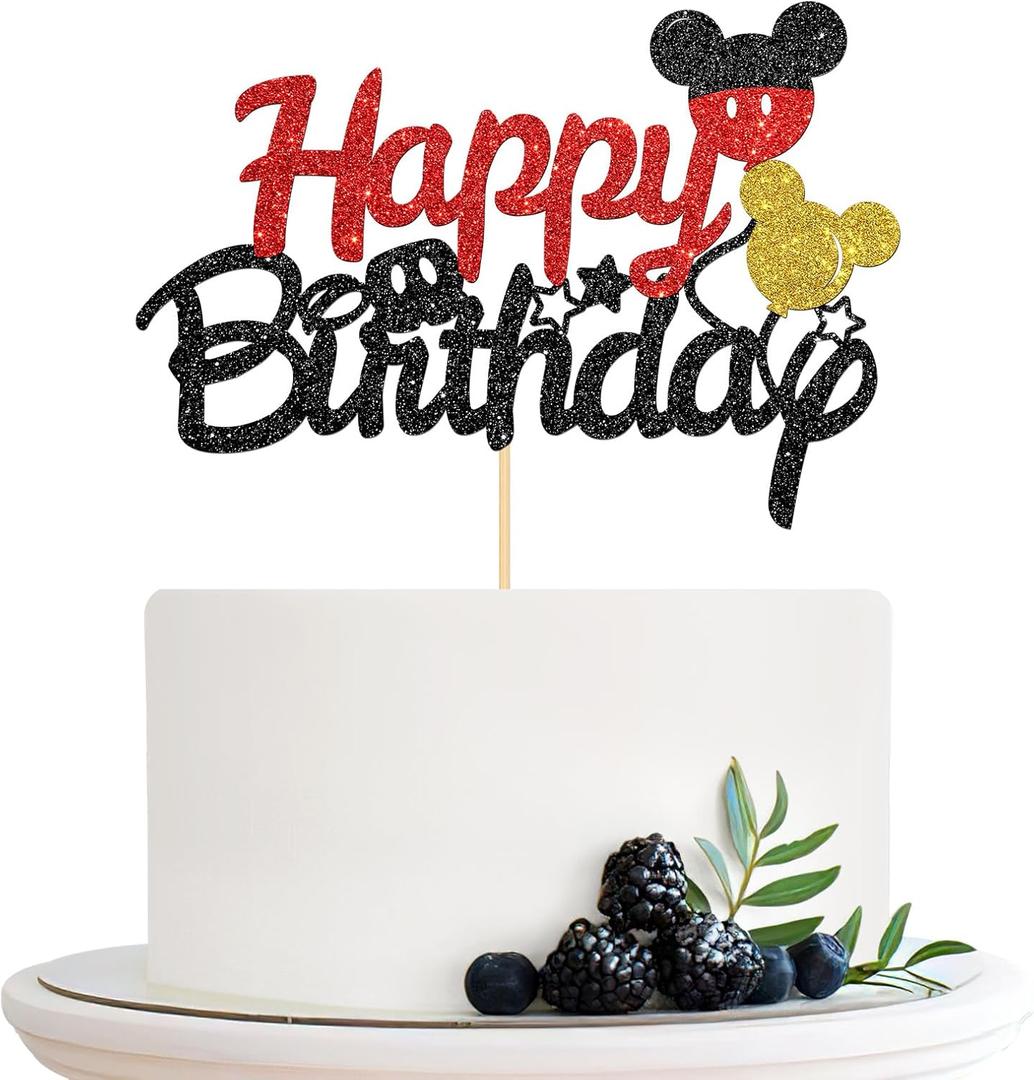 Cartoon Mouse Happy Birthday Cake Topper, Children Boys Girls Birthday Cake Topper, Baby Shower Baby Birthday Party Cake Decorations, Black Glitter