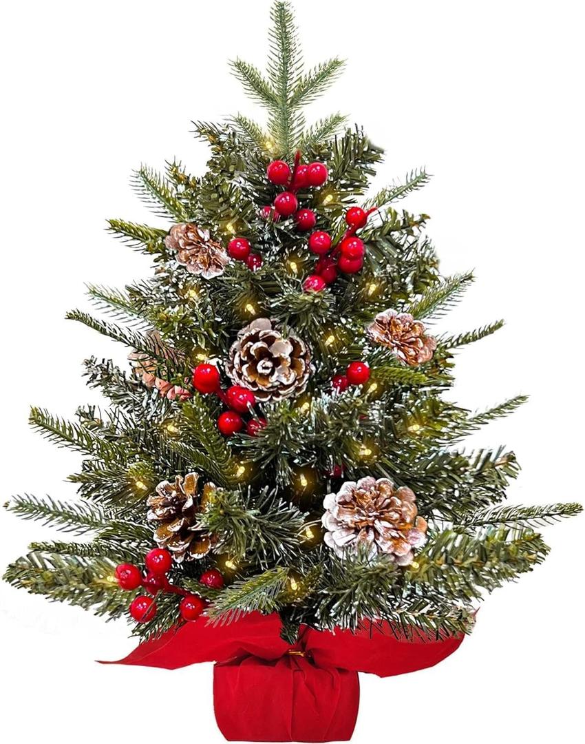2ft Tabletop Christmas Tree, 24" Mini Small Christmas Tree with Timer 30 LED Warm Lights, Realistic-Feel PE Norfolk Pine Frosted Branches Red Berry Pincone Cloth Base Indoor Home Christmas Decorations (Flocked White-24 Inch)