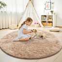 OLANLY Beige Round Rugs for Bedroom - Machine Washable, 6 ft Circle Area Rugs for Living Room, Soft and Fluffy Shaggy Carpet for Teen Girls and Boys, Nursery Rooms, Dorms, Home Decor Aesthetic