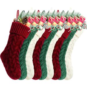 Christmas Stockings, 18 Inches Burgundy, Ivory and Green Cable Knitted Stocking for Xmas Holiday Decoration, 9 Pack
