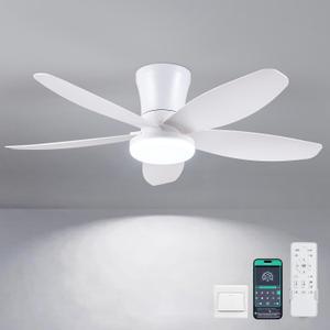 Ceiling Fans with Lights-36 Low Profile Ceiling Fan with Light and Remote/APP Control,Flush Mount,DC Reversible,LED Dimmable Modern Ceiling Fans for Bedroom,Indoor/Outdoor Patio Use(White)