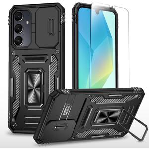 SunStory Phone Case Compatible with Samsung Galaxy A16 5G Case with HD Screen Protector & Slide Camera Cover & Rotated Ring Kickstand, [Shockproof] Dual Layers Phone Case for Samsung A16 (Z_Black)