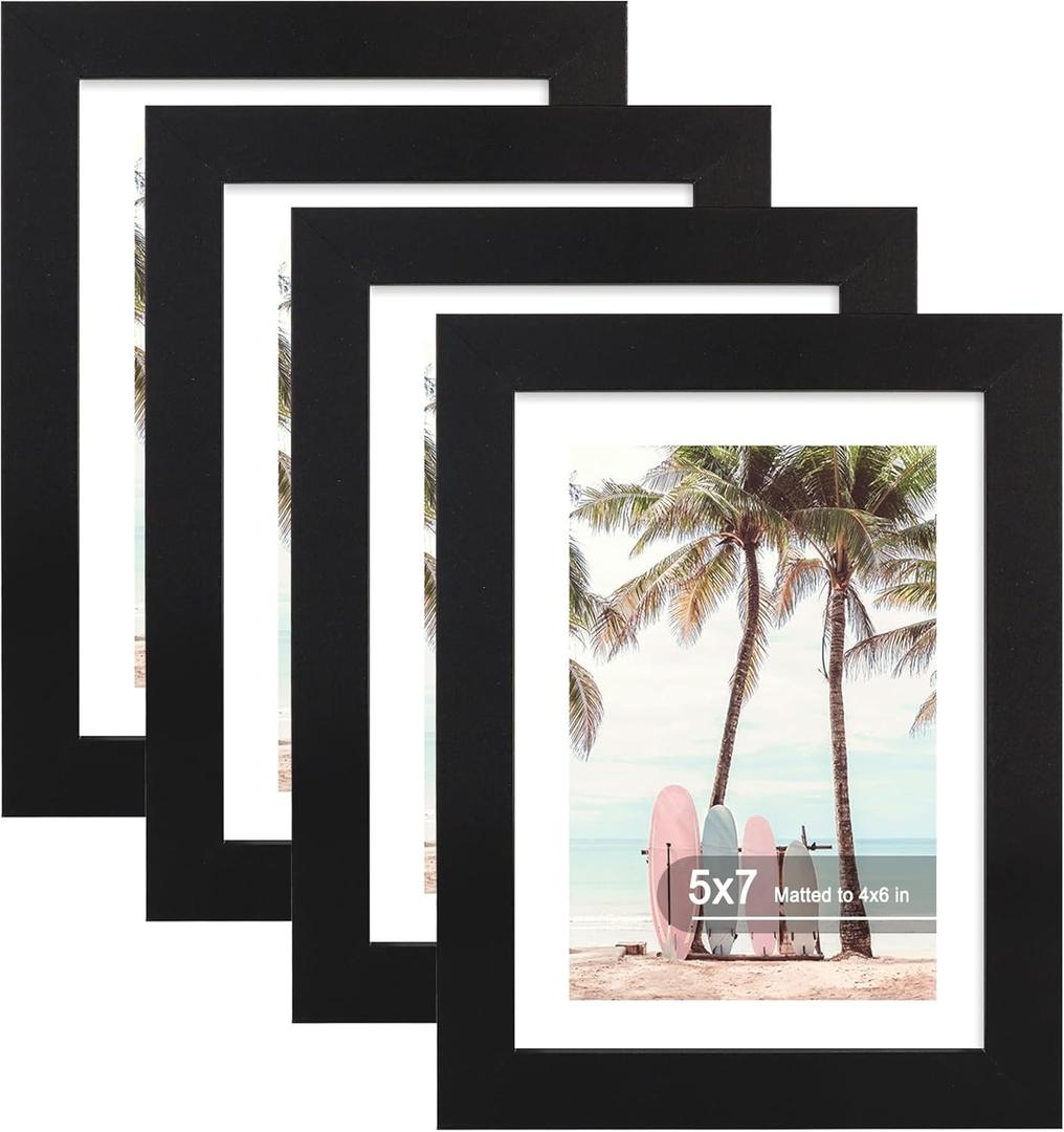 Hongkee 5x7 Picture Frame (4 Pack, Black) Made of Real Glass and Wooden Frame - Display Pictures 4x6 with Mat or 5x7 Without Mat, 5 by 7 Photo Frames TableTop Display and Wall Mounting