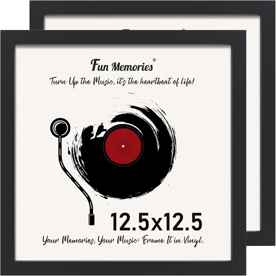 Fun Memories Black 12.5 x 12.5 Vinyl Record Frame for Wall Display, 2 Pack