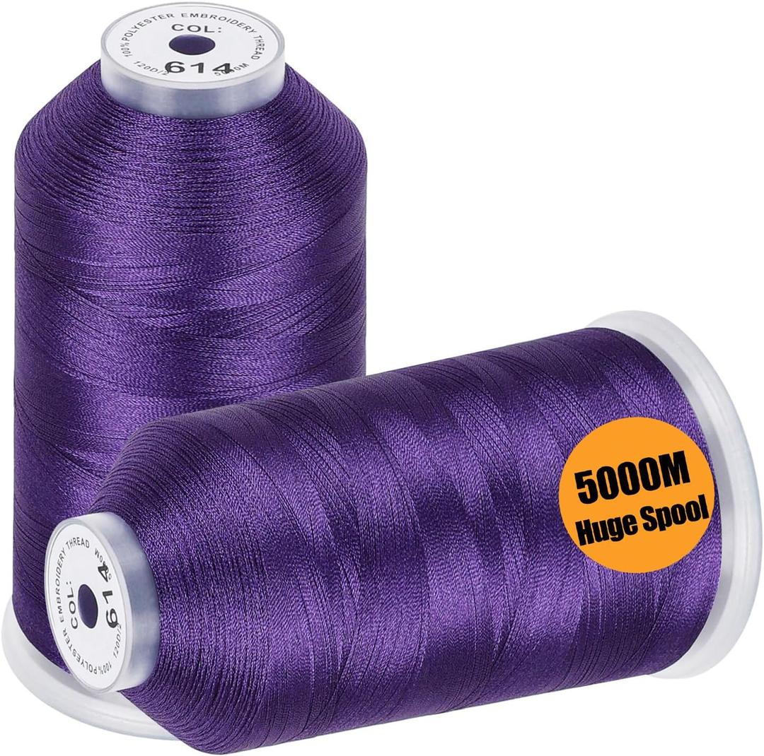 New Brothread - 2 Huge Spools 5000M Each Polyester Embroidery Machine Thread 40WT for Commercial and Domestic Machines - Purple