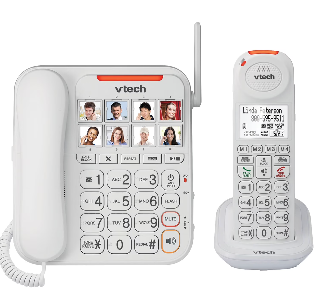 VTech SN5147 Amplified Corded/Cordless Senior Phone with Answering Machine, Big Buttons, 90dB ExtraLoud Visual Ringer, 50dB Audio Assist, Call Blocker, White