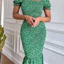 PRETTYGARDEN Summer Floral Bodycon Midi Dresses 2026 Puff Sleeve Mermaid Cocktail Baby Shower Photoshoot Maternity Dress (Green, S)