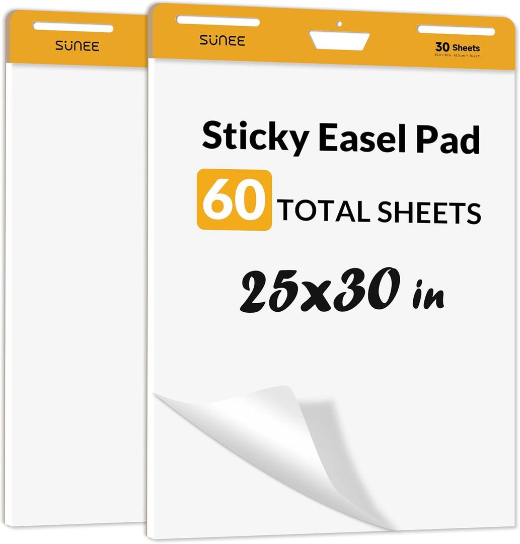 SUNEE Sticky Easel Pads, 25x30 Inches, 30 Sheets/Pad, 2 Pack Self Stick Flip Chart Paper for Whiteboards, Premium Large White Chart Paper