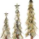 Deco 79 Metal Tree Decorative Sculpture Holiday Layered Branch Christmas Home Decor Statues with Wooden Base and Star Topper, Set of 3 Accent Figurines 21", 17", 14"H, Gold