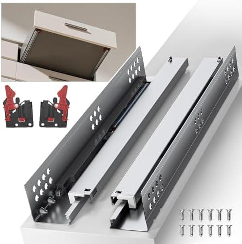 SIGOEI 10 12 14 16 18 20 22 24 Inch Bottom Mount Soft Close Drawer Slides Full Extension Concealed Rails Track 100 lb Load Capacity 1 Pair (Soft Close Without Bracket, 18 Inch (450 mm))