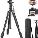 76.38 Camera Tripod Fits DSLR/Mirrorless/Phone, 11lb Load, Quick Release, Aluminum Legs, 18.5 to 76.38 Adjustable, 3.7lbs Lightweight for Travel/Live Stream/Vlog/Photography, Black