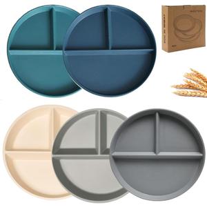 Unbreakable Divided Dinner Plate Set of 5, Wheat Straw Plates BPA Free 9 Inch, Portion Control Plate Healthy Eating & Bariatric Diet Divided Plates, Dinner Diet Plates for Kids