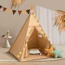 WIRHAO Teepee Tent for Kids with Mat, Cotton Canvas Kids Teepee with Pompom for Toddlers Indoor Play Tent for Girls Boys with Stars Lights, Carry Bag, Banner Flag (Khaki)