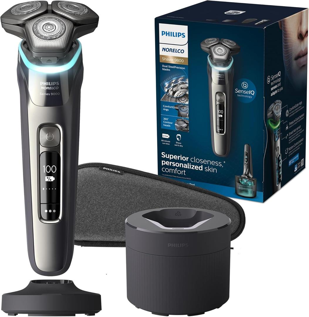 Philips Norelco Shaver Series 9000, Wet and Dry Electric Shaver, with Lift & Cut Shaving System and SenseIQ Technology, Pop-up Trimmer, Cleaning Pod, Charging Stand and Travel Case, Model S9987/85 (S9000 + Charging Stand, Gray)