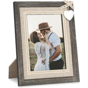 Afuly 5x7 Picture Frame with White Heart Wood Rustic Distressed Frames Farmhouse Photo Frames for Home Decor Wall Hang Desktop Wedding Anniversary Birthday Gifts for Grandma Mom Couple (Single Frame)