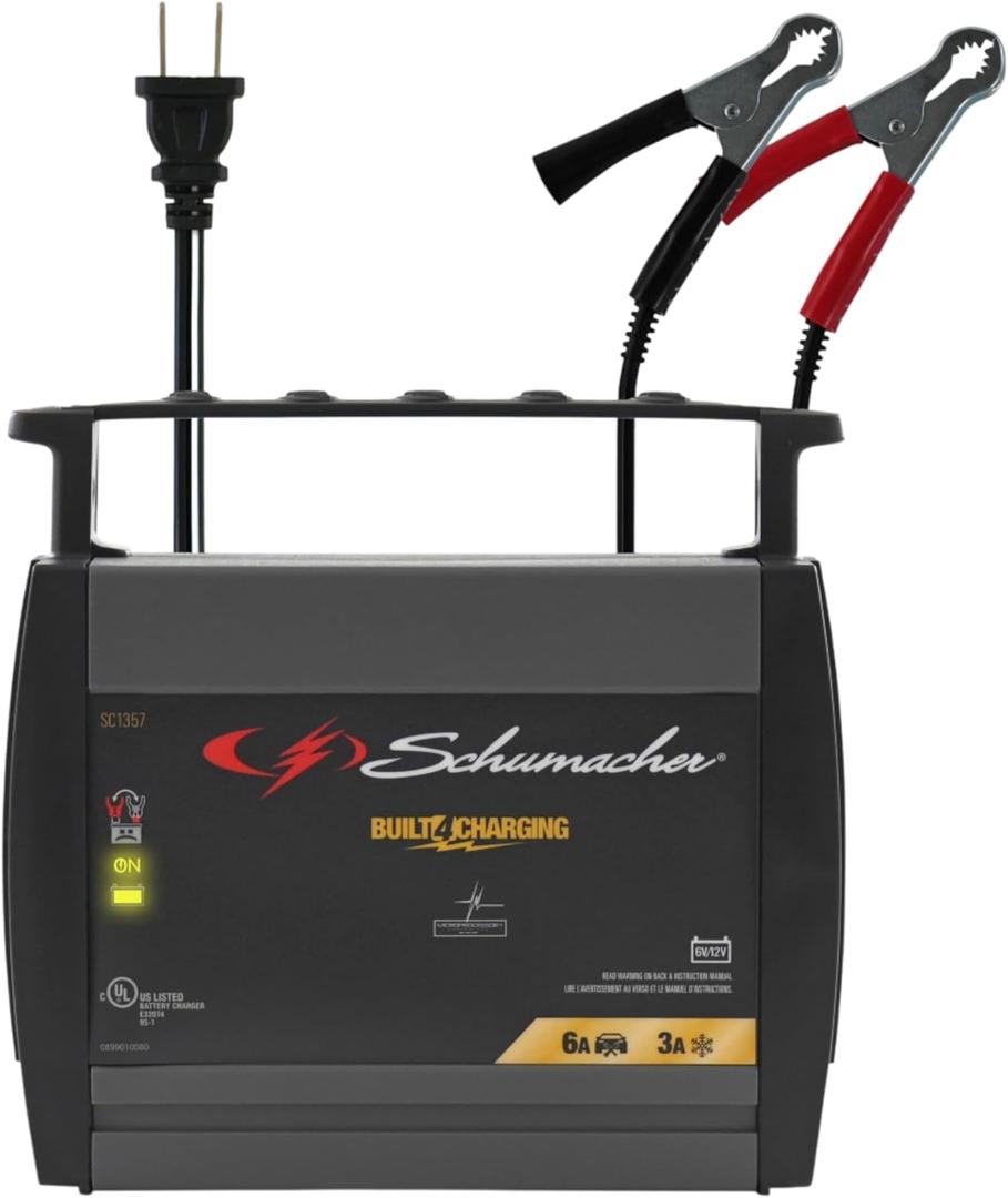 Schumacher Electric 6A Car Battery Charger and Maintainer, 3-in-1 Solution, for 6V/12V Power Sport, Automotive, and Marine Batteries, SC1357