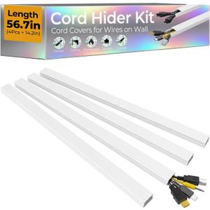 56.7in Cable Hider Cord Hider, Wire Covers for 2-4 Cords on Wall, Premium Cord Covers for Wires on Wall, Easy Set-up Wire Hider to Hide Tv Wires, Lamp, Speaker Cords, W0.95 H0.55in, White