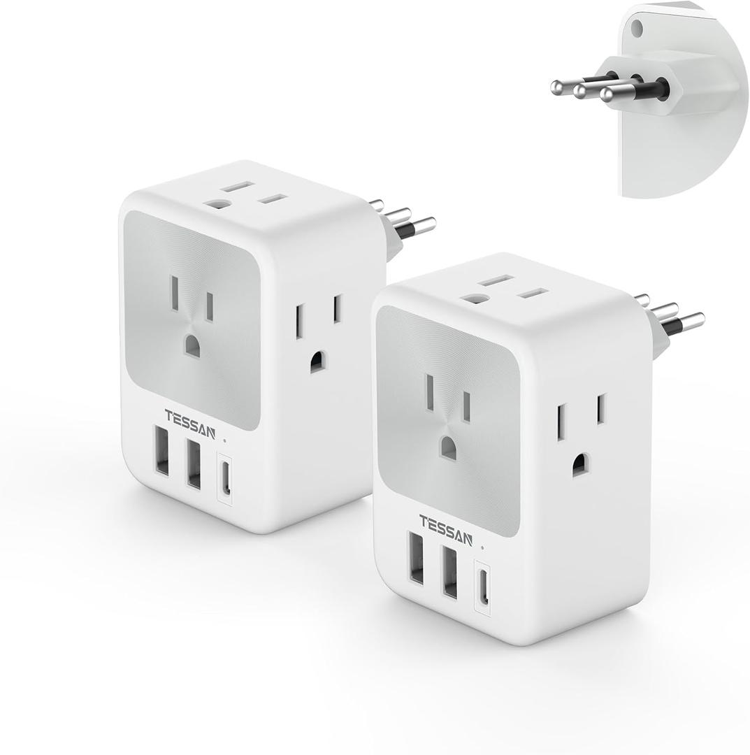 Italy Travel Plug Adapter 2 Packs, TESSAN Italy Power Adapter with 4 Outlets 3 USB Ports (1 USB C), Type L Plug Adaptor Italian for US to Chile Ethiopia Libya Syria Tunisia Uruguay