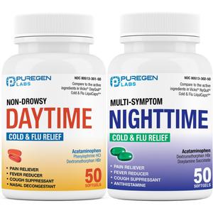 Puregen Labs Daytime and Nighttime Combo Pack, Cold and Flu Relief Medicine | Powerful Multi-Symptom Daytime and Nighttime Relief for Headache, Fever, Sore Throat, Cough, Congestion and Aches. Exp 11/2027