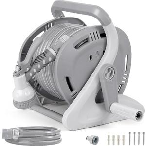 Flora Guard Garden Hose Holder With 1/2 Inch 65Ft Freeze-resistant UV Software, Hose Reels Wall Mount, Removable Hose Reel, 3/4 "Pressure Fitting and 9-Pattern Nozzle, Gray