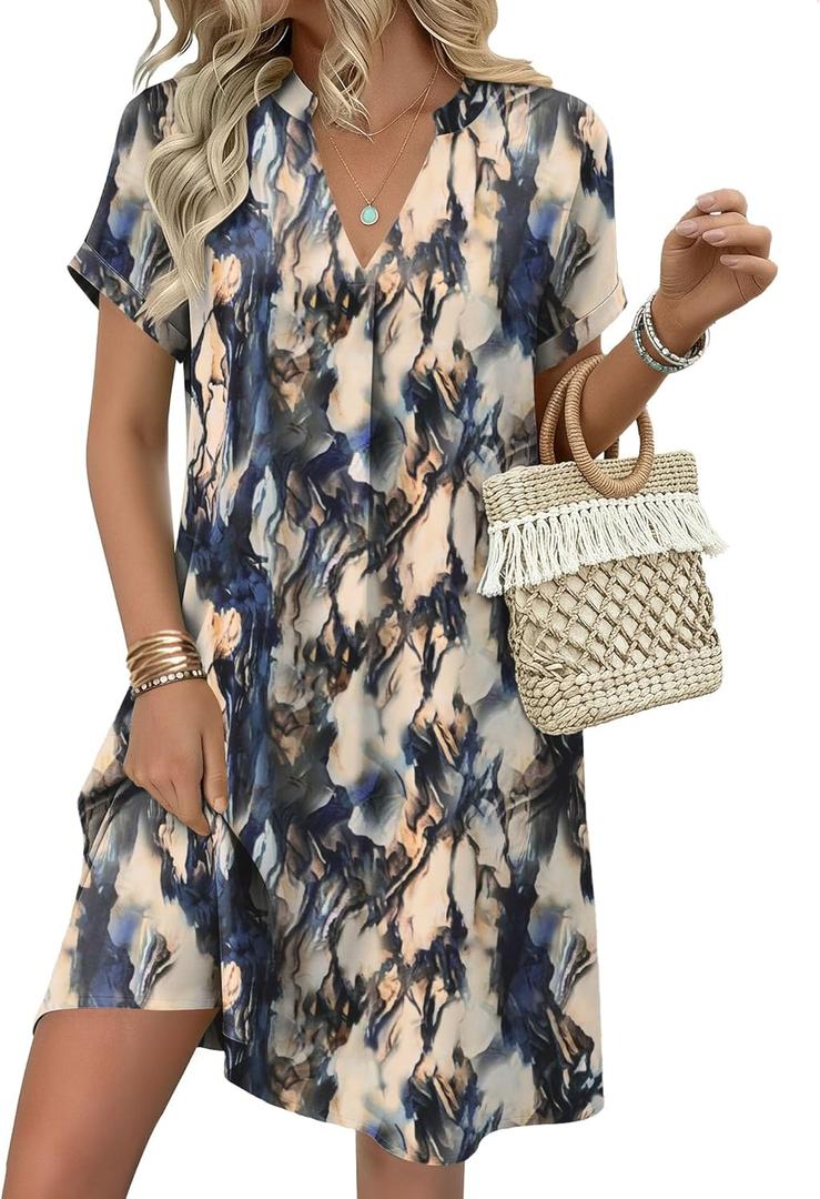 Zeagoo Summer Dresses for Women Short Sleeve Shift Dress V Neck Casual Mini Beach Vacation Boho Sundress with Pockets (Small, Blue Tie Dye)