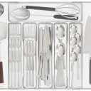 Expandable Kitchen Drawer Organizer - Clear Acrylic Adjustable Silverware Organizer - Utensil Holder and Cutlery Tray with Grooved Drawer Dividers for Flatware (Clear-8 Compartments) (Expandable 12.6~21.3 x 14.5 inch (8 Slots))