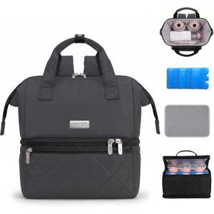 Nuliie Wearable Breast Pump Bag with Cooler Compartment, Double Layer Pumping Bag with Ice Pack, Breast Milk Cooler Travel Bag with Waterproof Mat, Fits 6 Baby Bottles up to 10 oz, Grey
