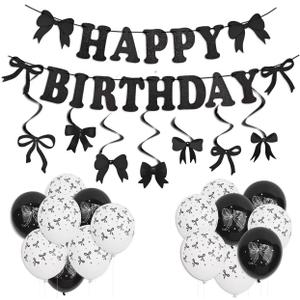 Black Bow Birthday Decorations Set - Coquette Theme Party Supplies with Happy Birthday Banner Garland, Hanging Swirls, Bow Balloons for Women Black Party Decorations Supplies (black)