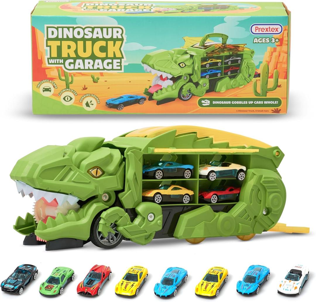 Prextex Dinosaur Truck Garage - Multicolored Plastic Dino Truck with Cars - Transport Dinosaur Truck with Foldable Sliding Track Trucks for Boys - Fun Dinosaurs Toys for 3+ Year Boys